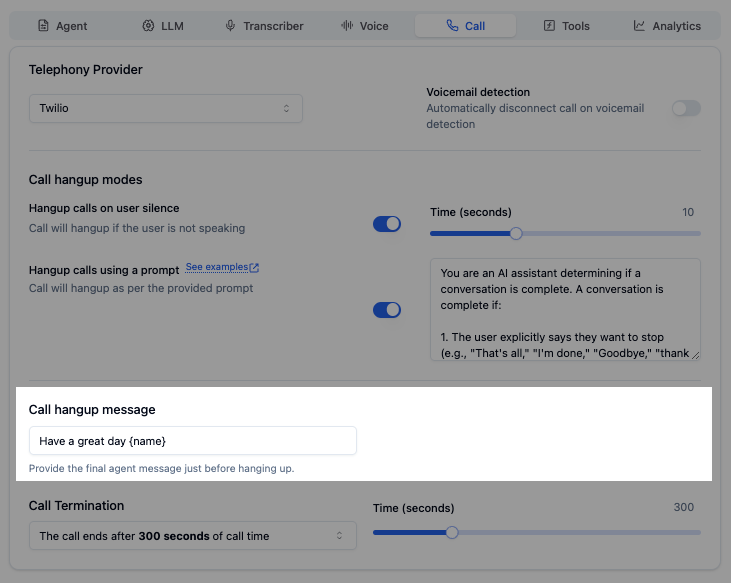 Hangup message configuration screen in Bolna Voice AI showing custom closing statement setup with dynamic context variables