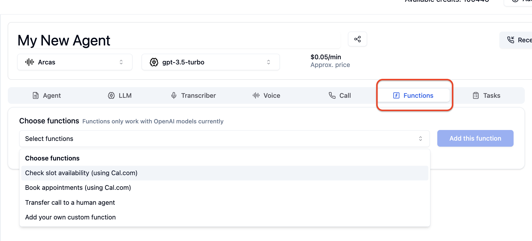 Function calling options in Bolna Voice AI showing integration architecture for custom functions and defined tasks like transfer calling, Cal.com integrations