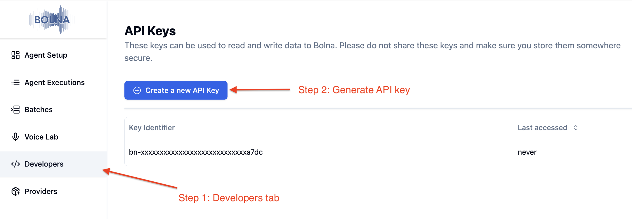 API key generation interface in Bolna platform showing developers section for creating authentication tokens