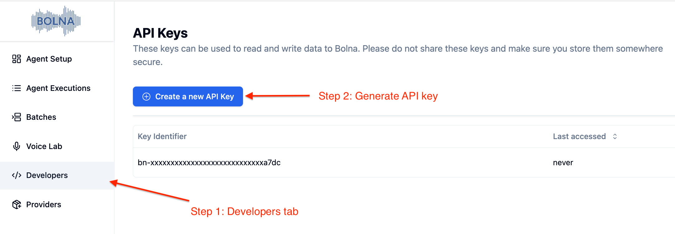 API key generation interface in Bolna platform showing developers section for creating authentication tokens