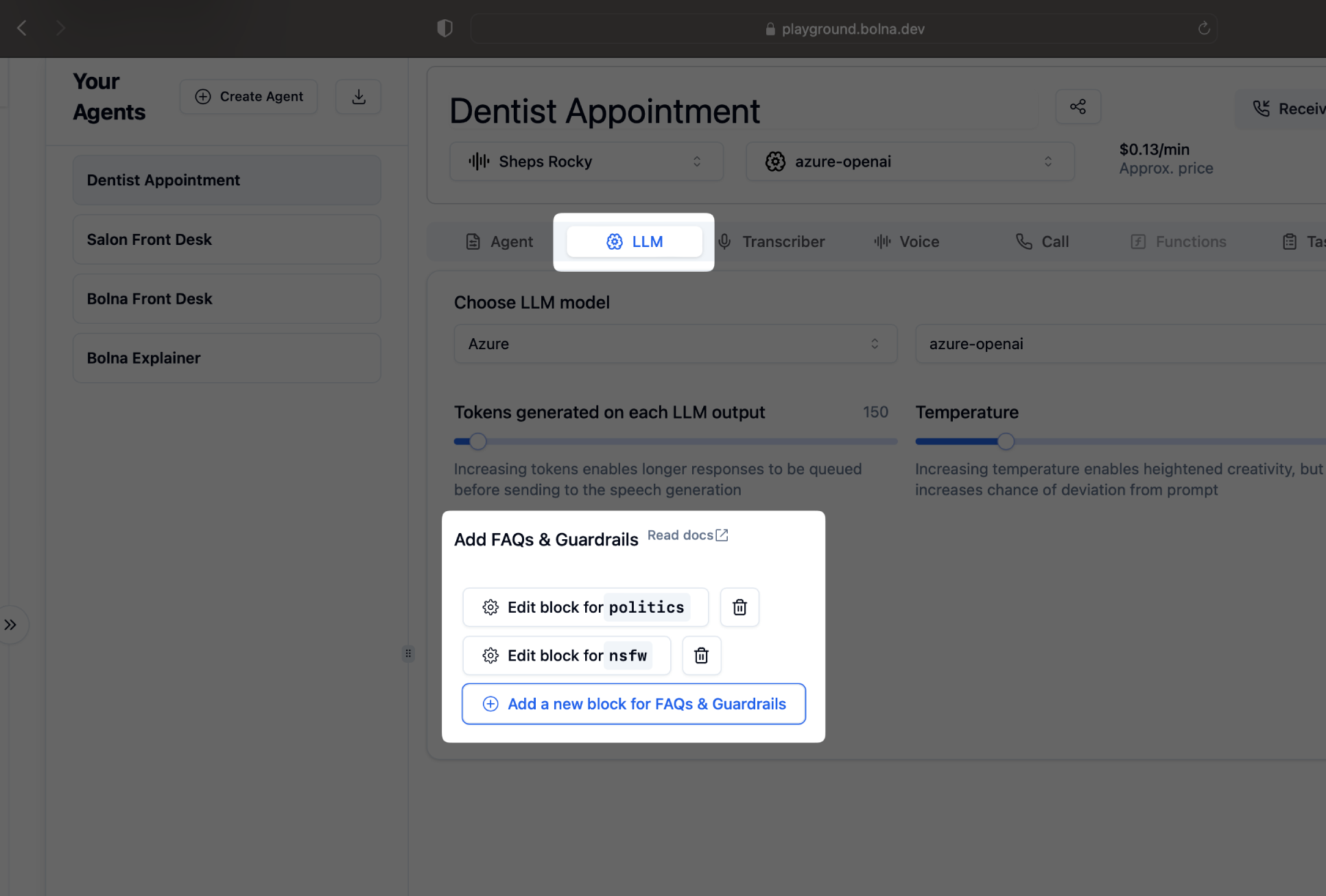 Guardrails configuration interface in Bolna Playground showing safety and content filtering options for Voice AI agents