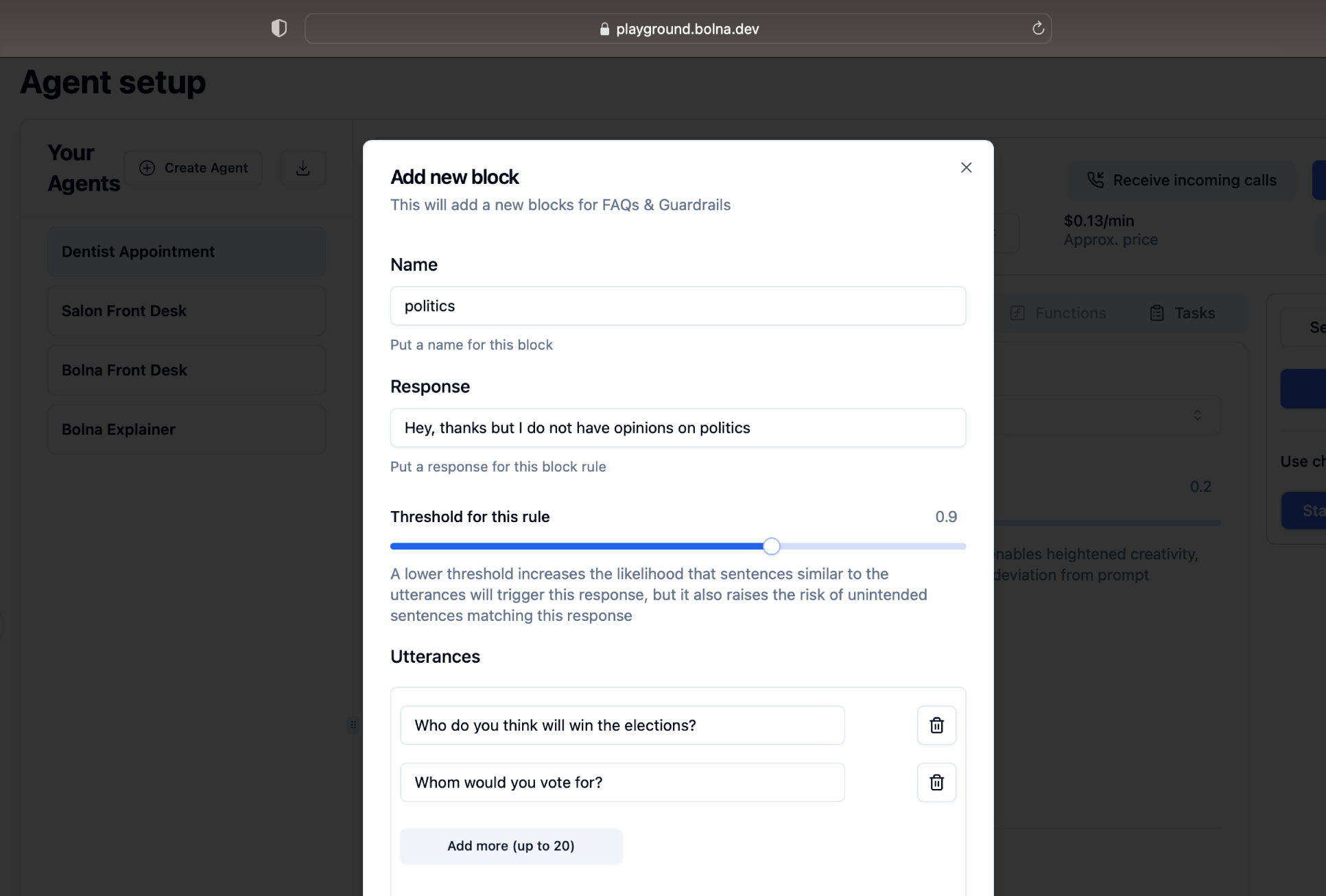 Guardrail creation in Bolna Voice AI platform for adding personalized safety rules and content restrictions to conversations