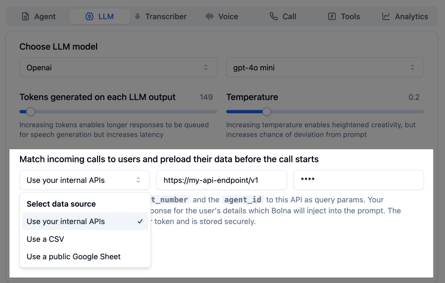 Incoming caller identification interface in Bolna Voice AI showing dynamic data source integration for personalized call handling