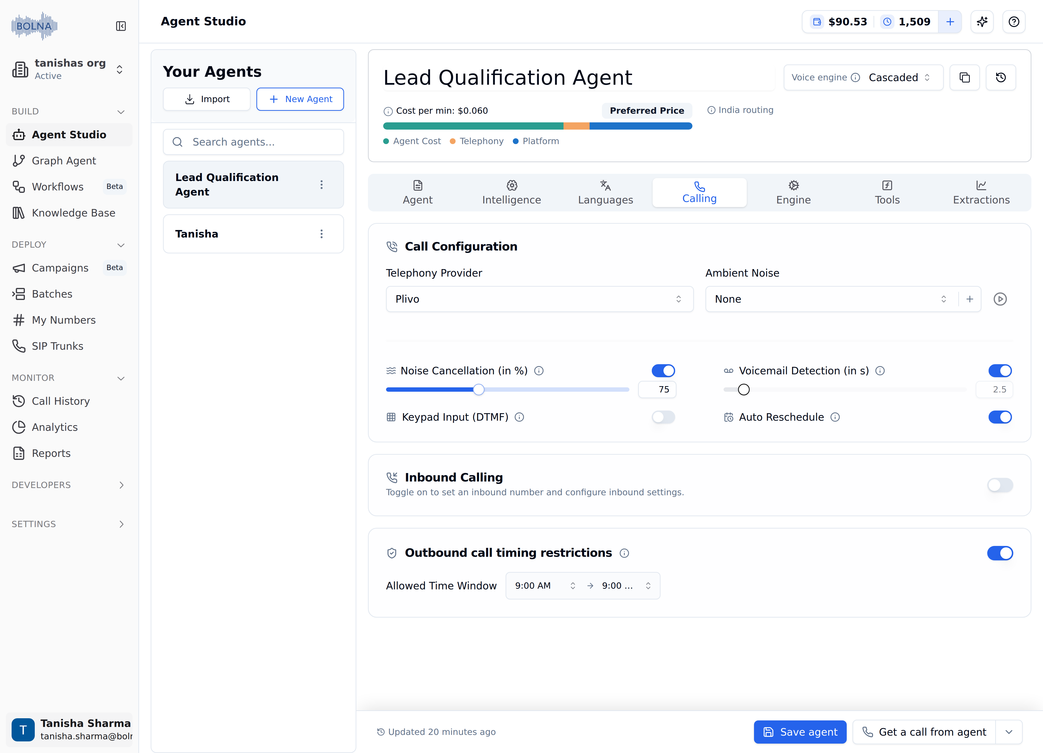Configure Telephony, Noise, and Call Timing for Voice AI - Bolna Docs