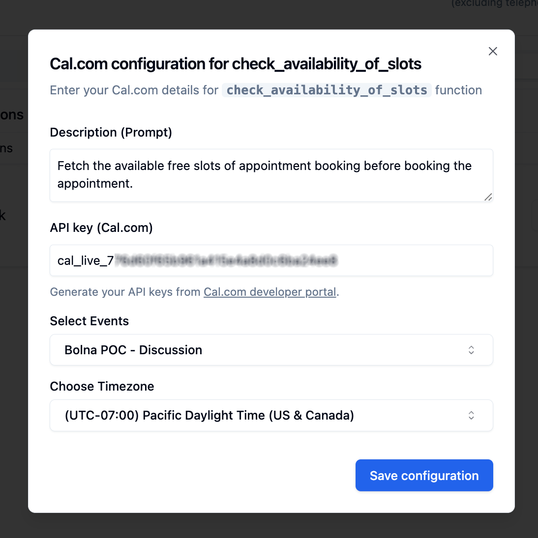 Calendar slot fetching configuration in Bolna Voice AI showing Cal.com API integration for real-time availability checking