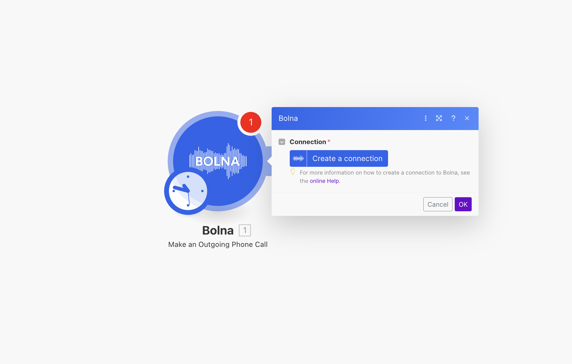 Make.com scenario builder showing Bolna Make an Outgoing Phone Call module selection for Voice AI integration
