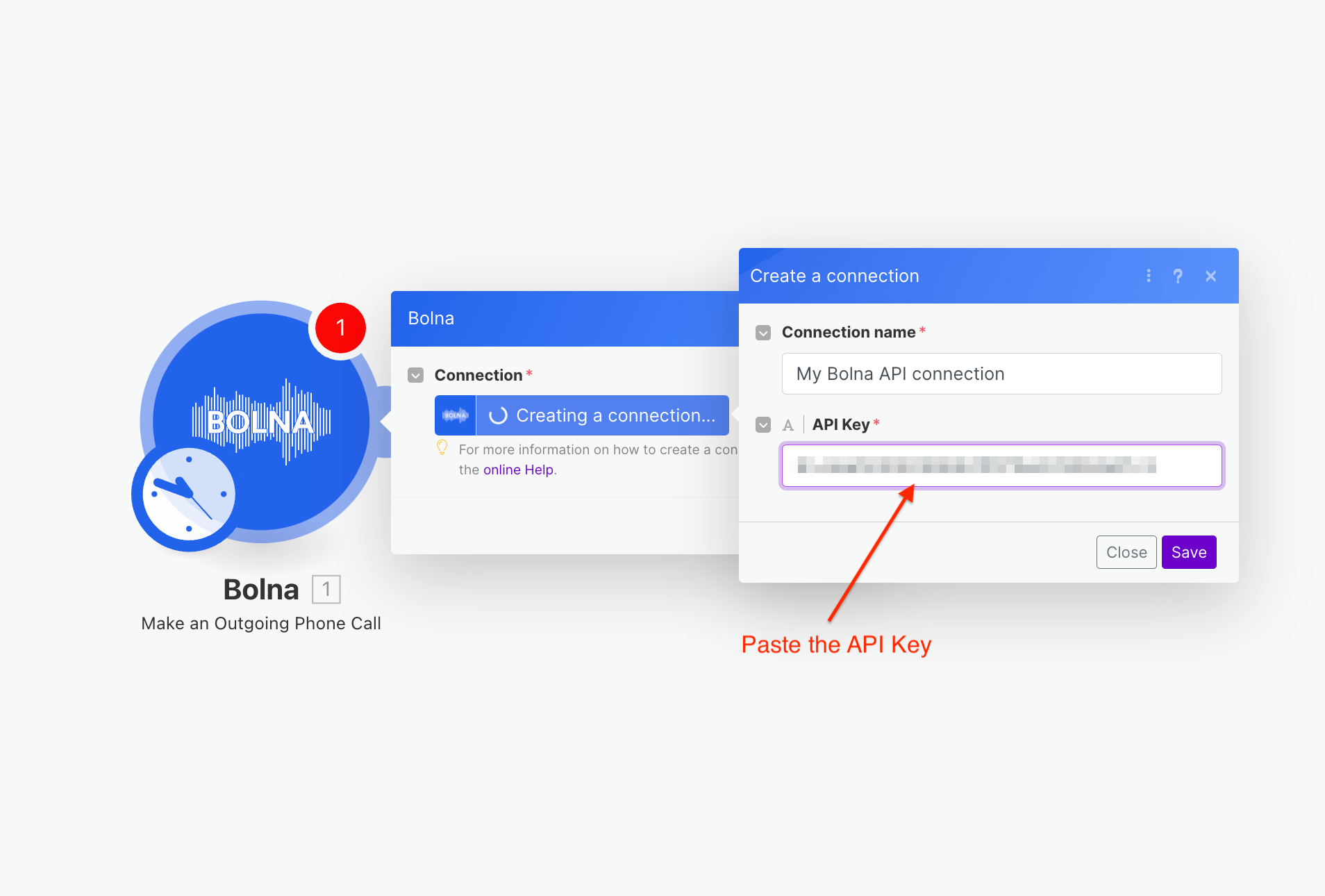 Make.com connection dialog showing API key input field for establishing Bolna Voice AI integration