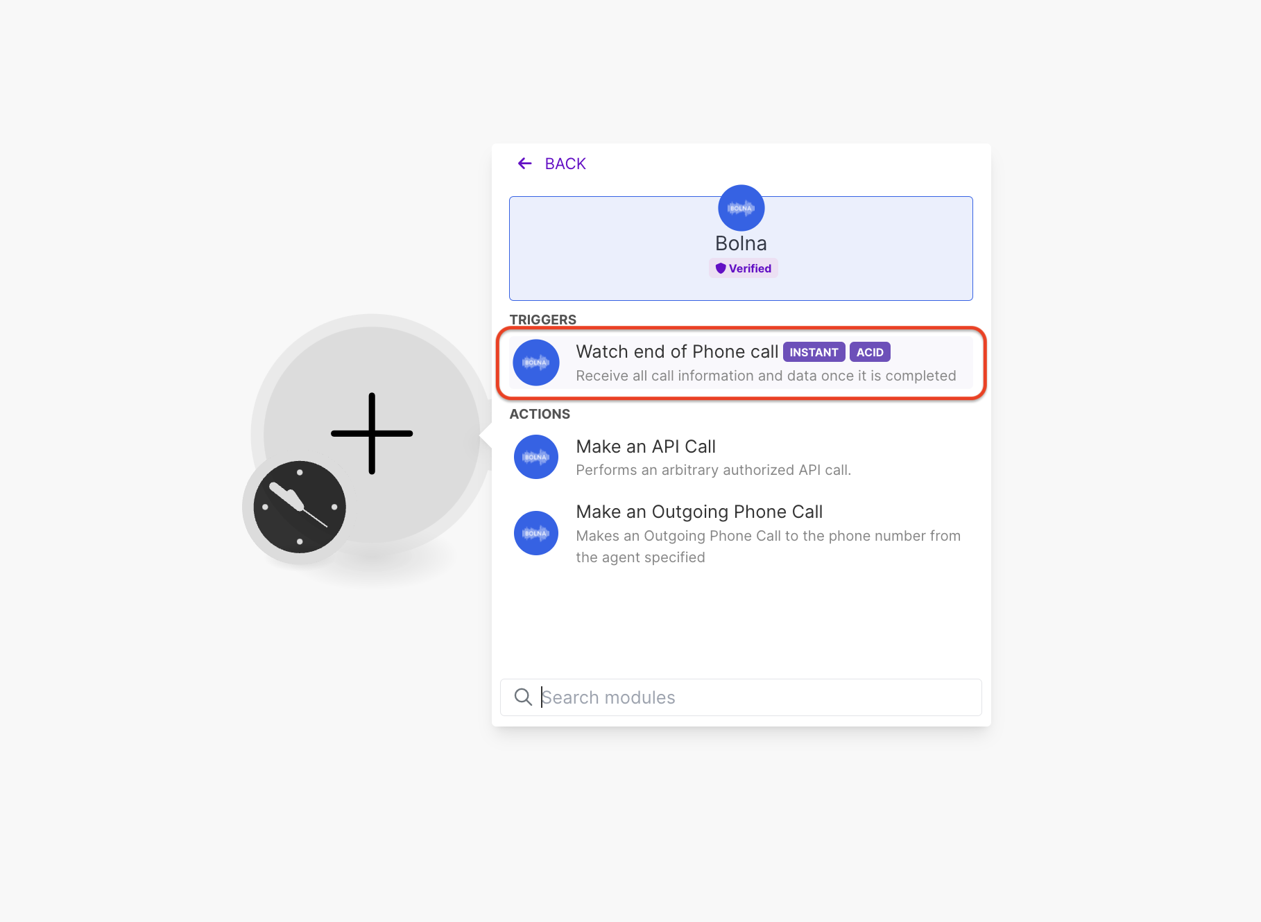 Make.com scenario with Bolna Watch end of Phone call trigger module for webhook integration setup