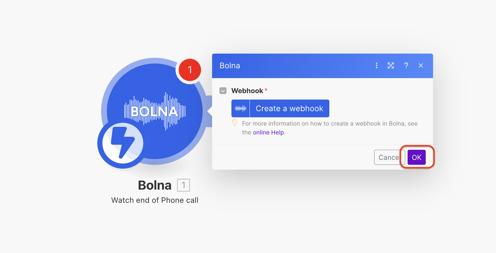 Make.com webhook connection creation button for establishing Bolna Voice AI integration with automation workflows