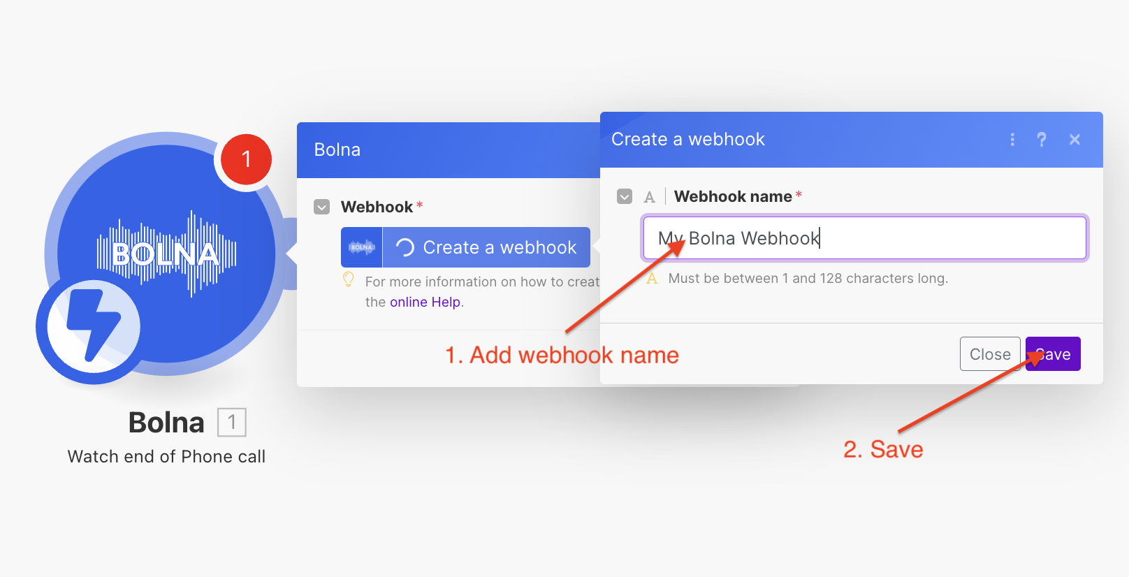 Webhook connection naming interface in Make.com for Bolna Voice AI call completion notifications
