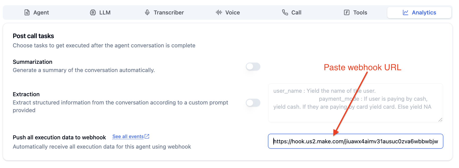 Bolna agent webhook configuration showing Make.com URL integration for automated call completion notifications