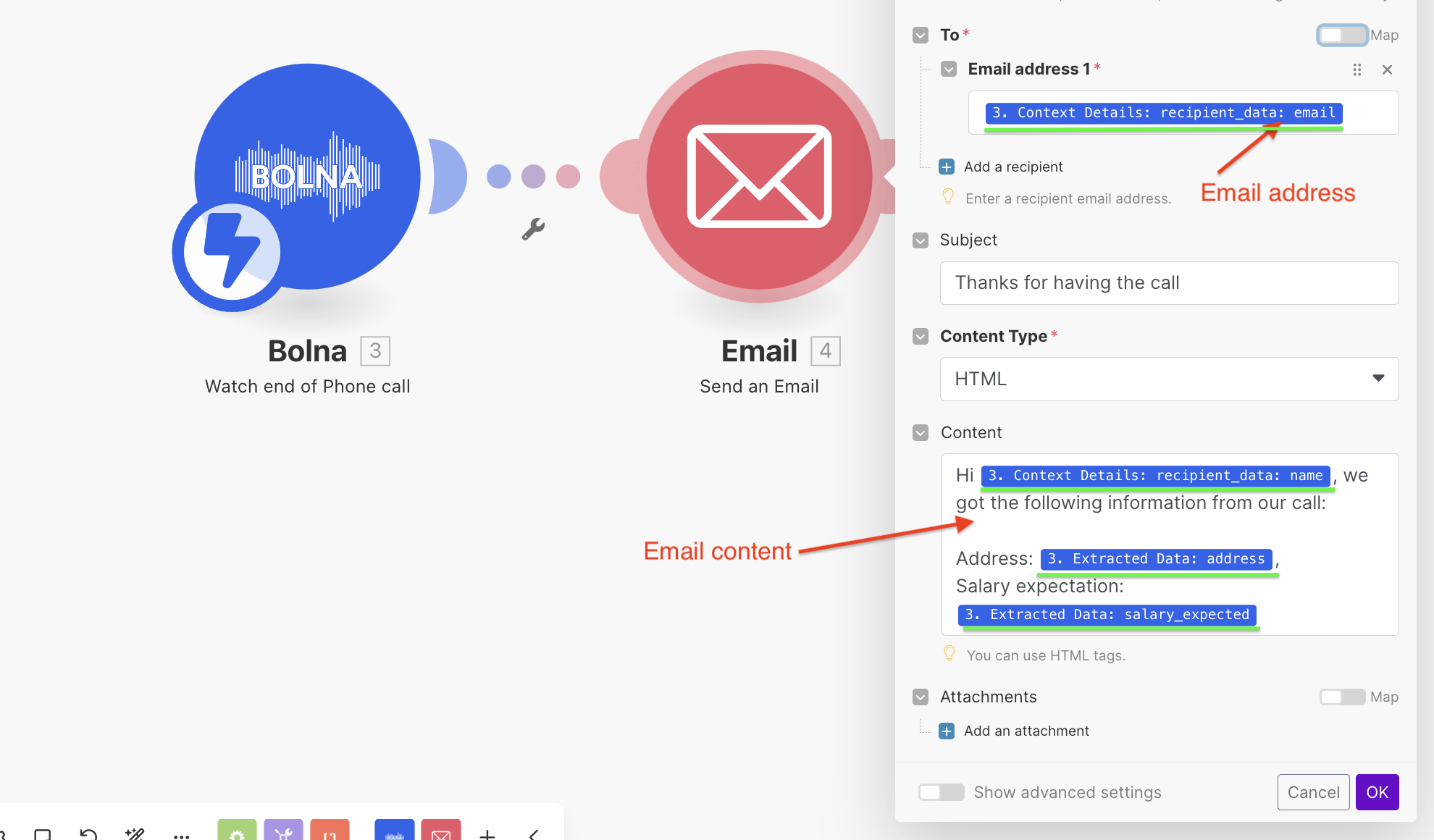 Gmail module configuration in Make.com showing email automation setup with Bolna Voice AI call completion data