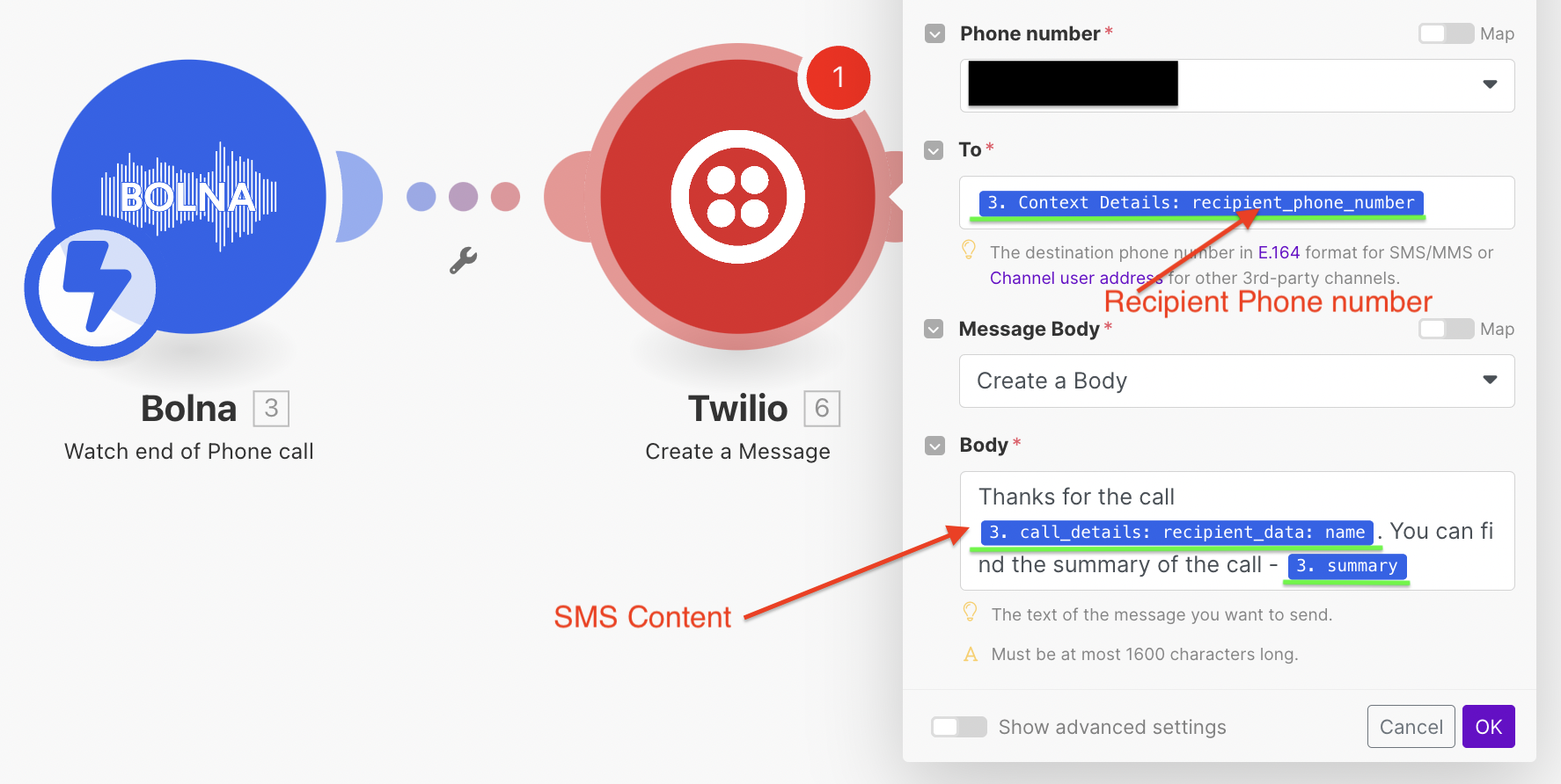 Twilio SMS module configuration in Make.com showing SMS automation setup with Bolna Voice AI call completion data