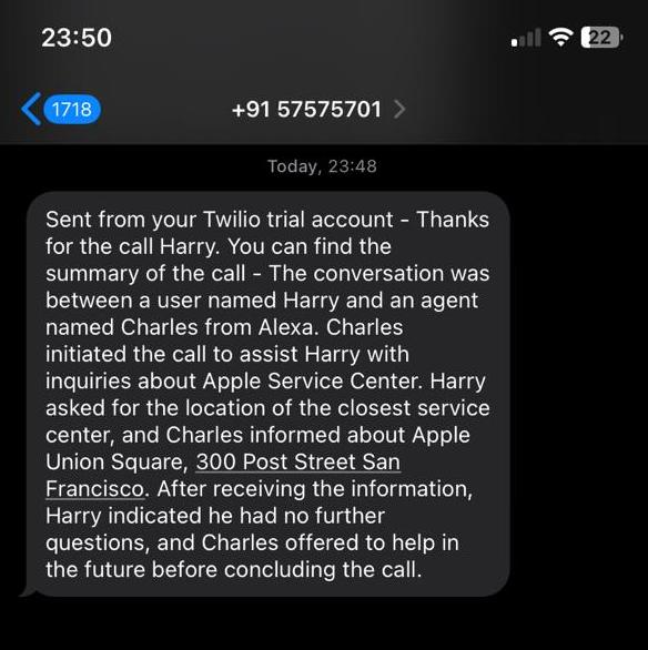 Mobile phone showing automated SMS notification sent by Make.com after Bolna Voice AI call completion