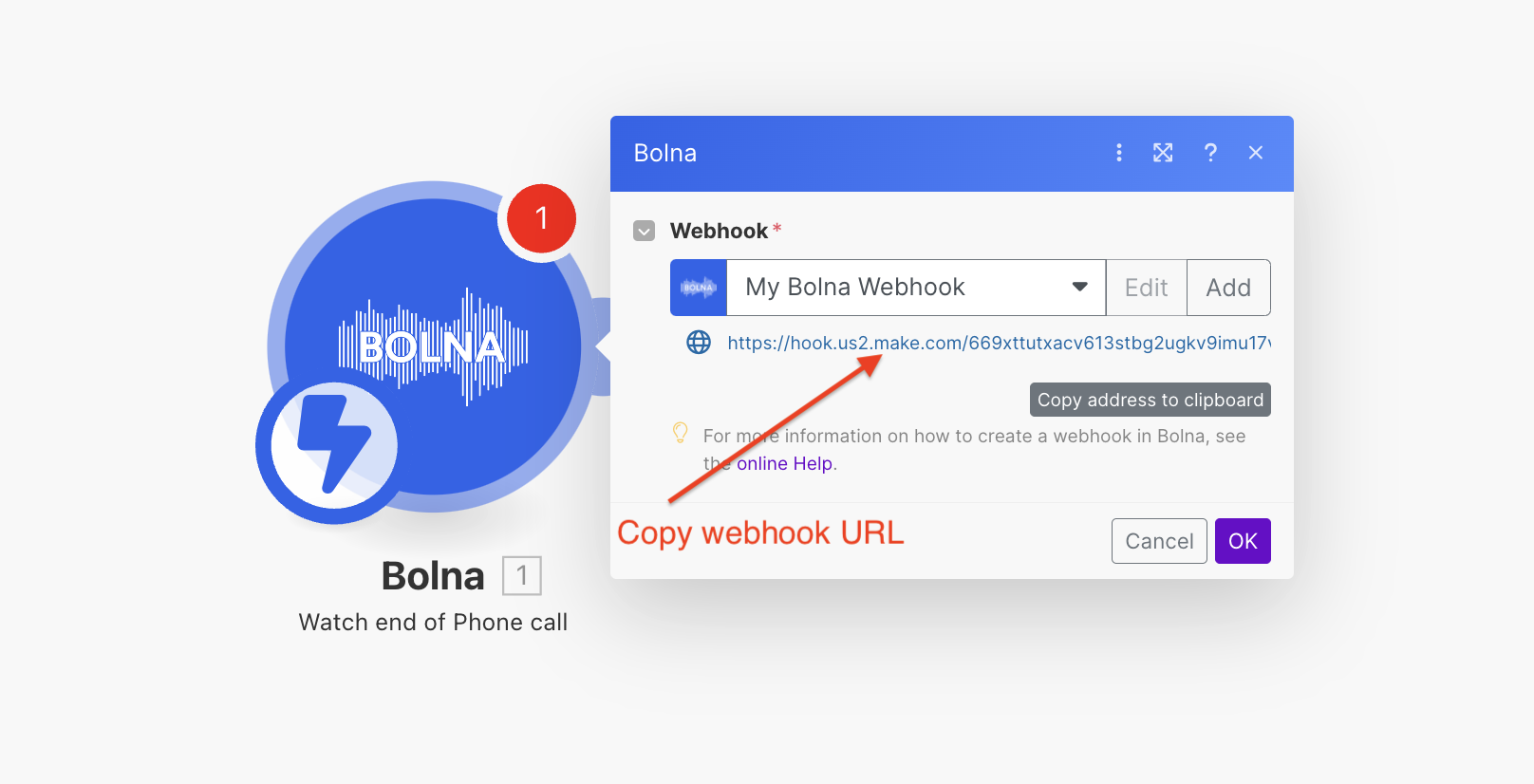 Make.com scenario with Bolna Watch end of Phone call trigger module for automated WhatsApp notifications after Voice AI calls