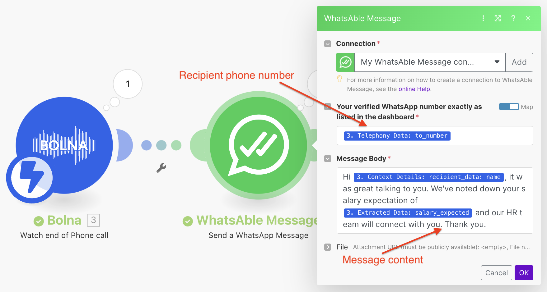 Whatsable module configuration in Make.com showing WhatsApp automation setup with Bolna Voice AI call completion data
