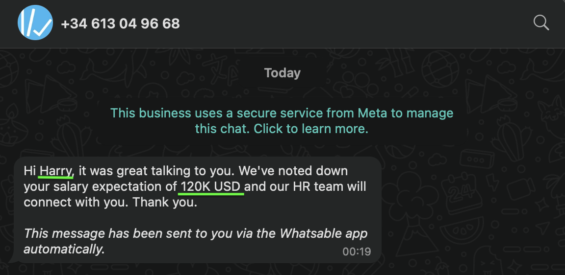 WhatsApp conversation showing automated message sent by Make.com after Bolna Voice AI call completion