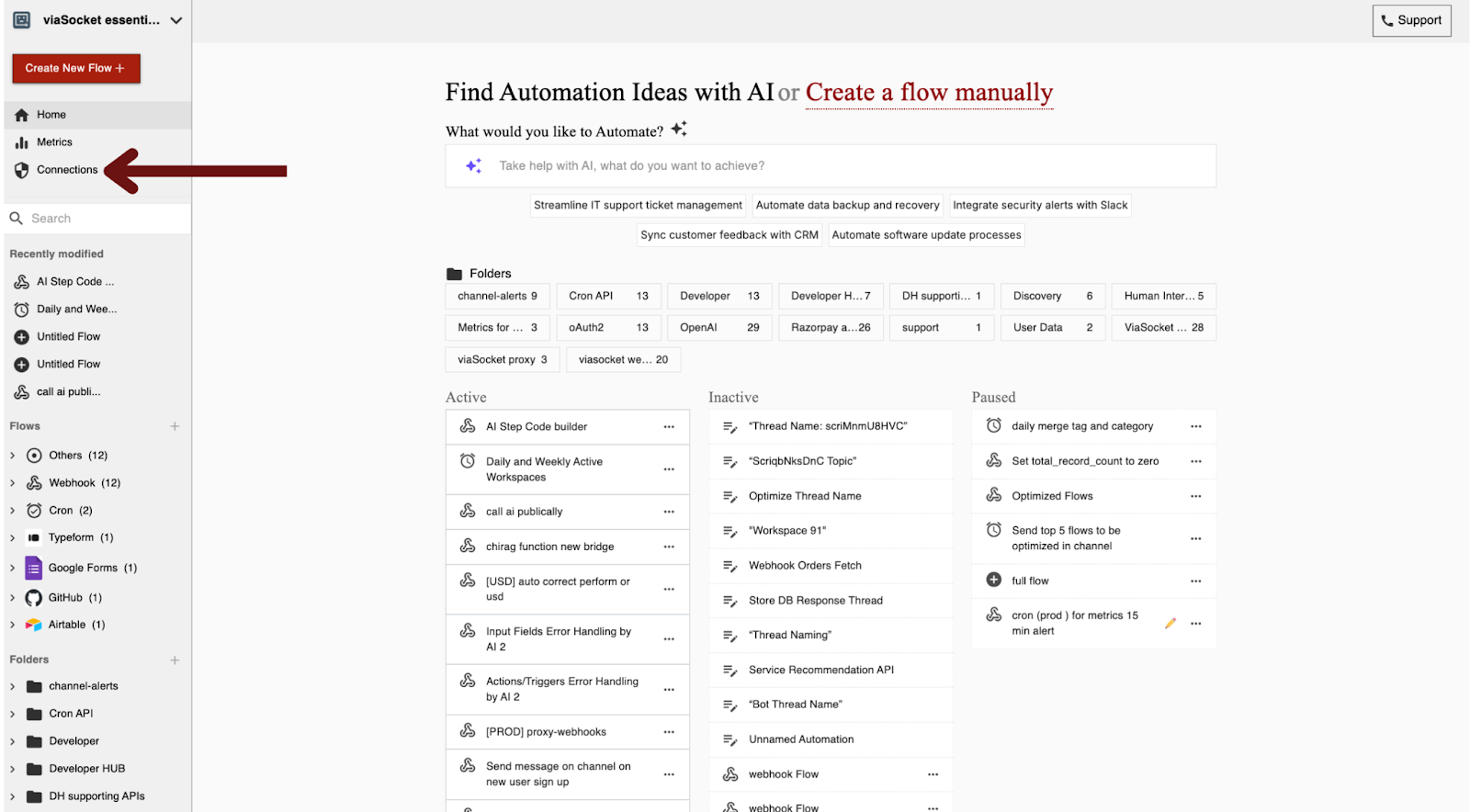 viaSocket connections dashboard showing app integration management interface for Bolna Voice AI automation