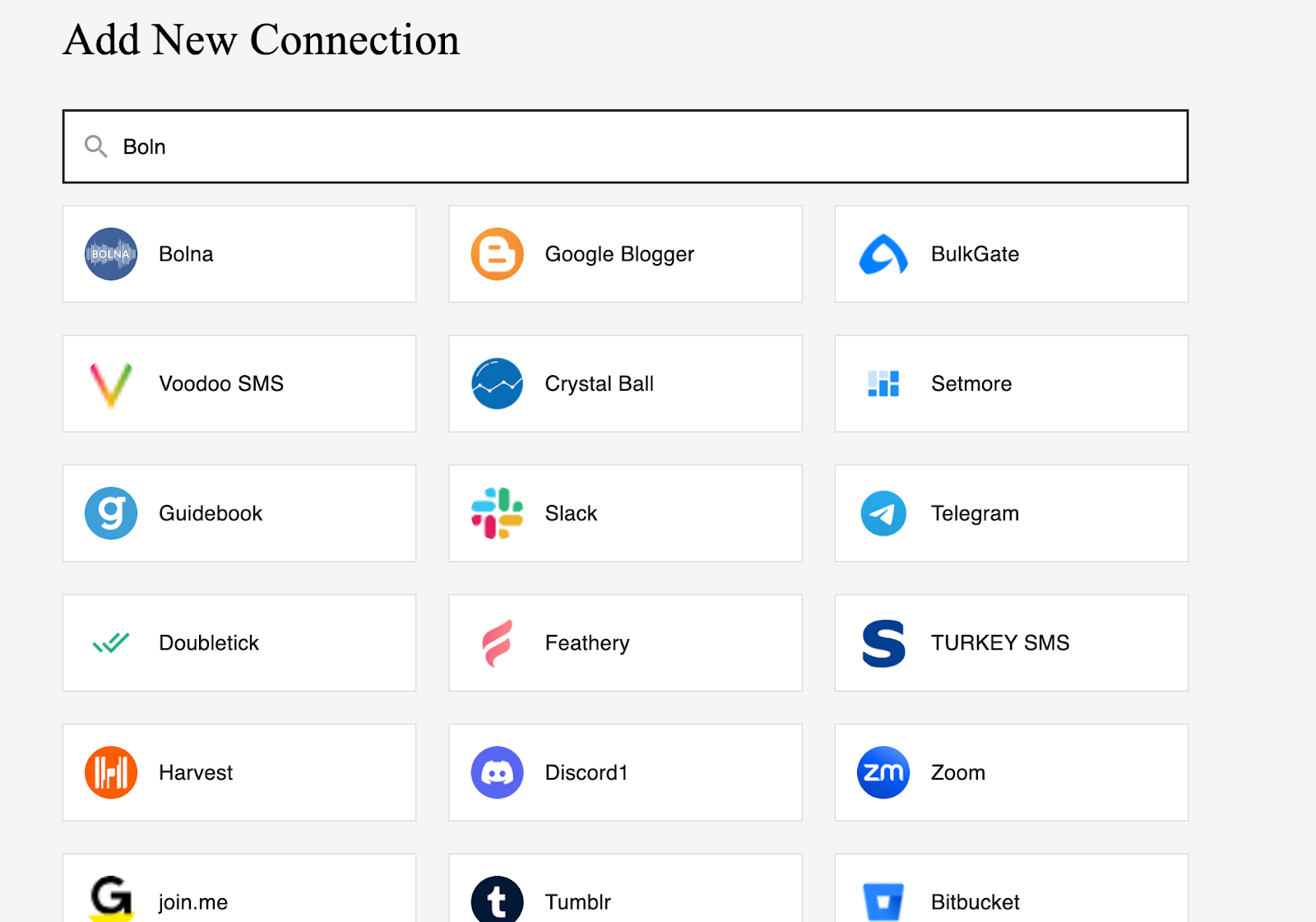 viaSocket app search interface showing Bolna selection from available integrations for Voice AI automation