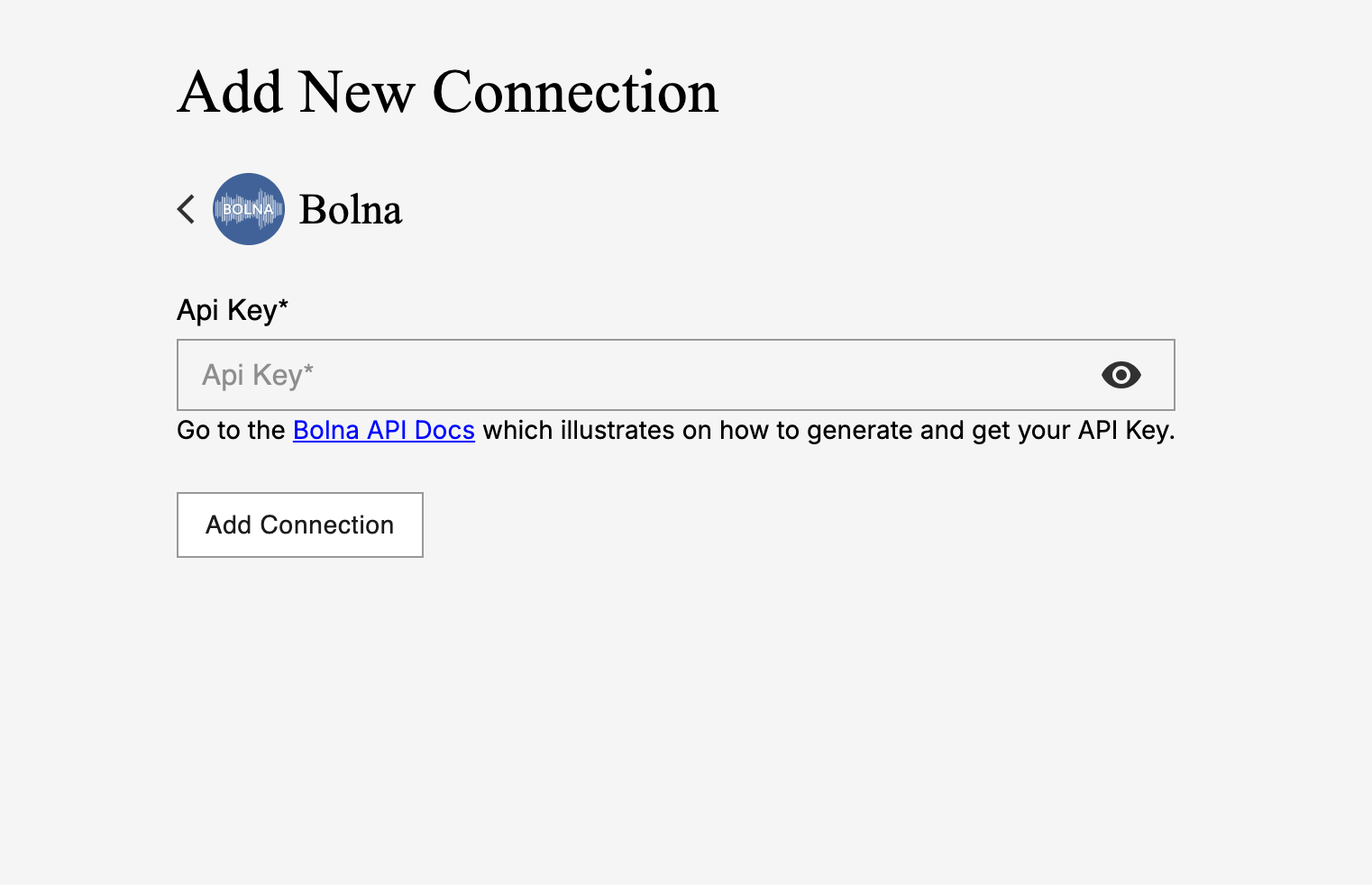 viaSocket connection authentication showing successful Bolna Voice AI API key integration setup