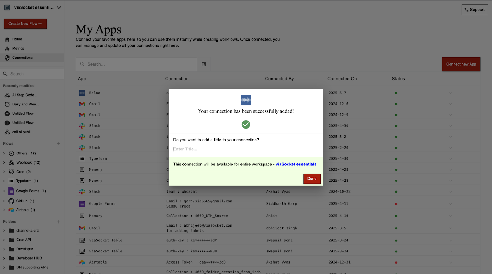 viaSocket dashboard showing successfully added Bolna Voice AI connection ready for automation workflows