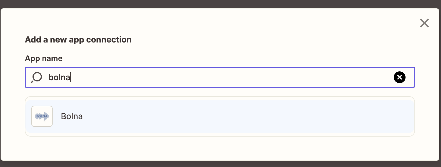 Zapier app search interface showing Bolna selection from available integrations for Voice AI automation