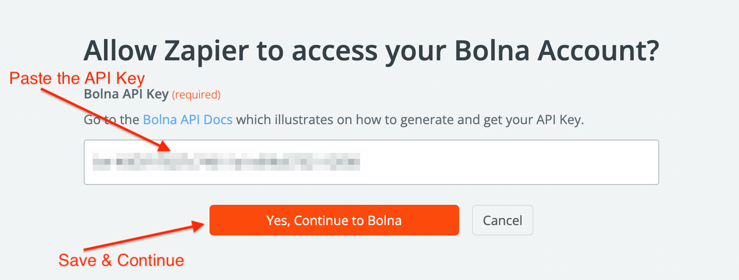 Zapier connection dialog showing API key input field for establishing Bolna Voice AI integration