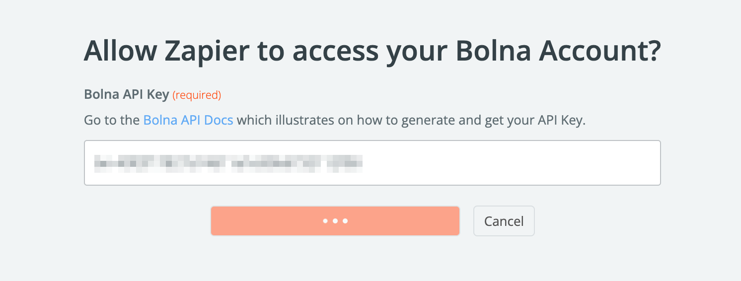 Zapier connection save confirmation showing successful Bolna Voice AI API authentication setup