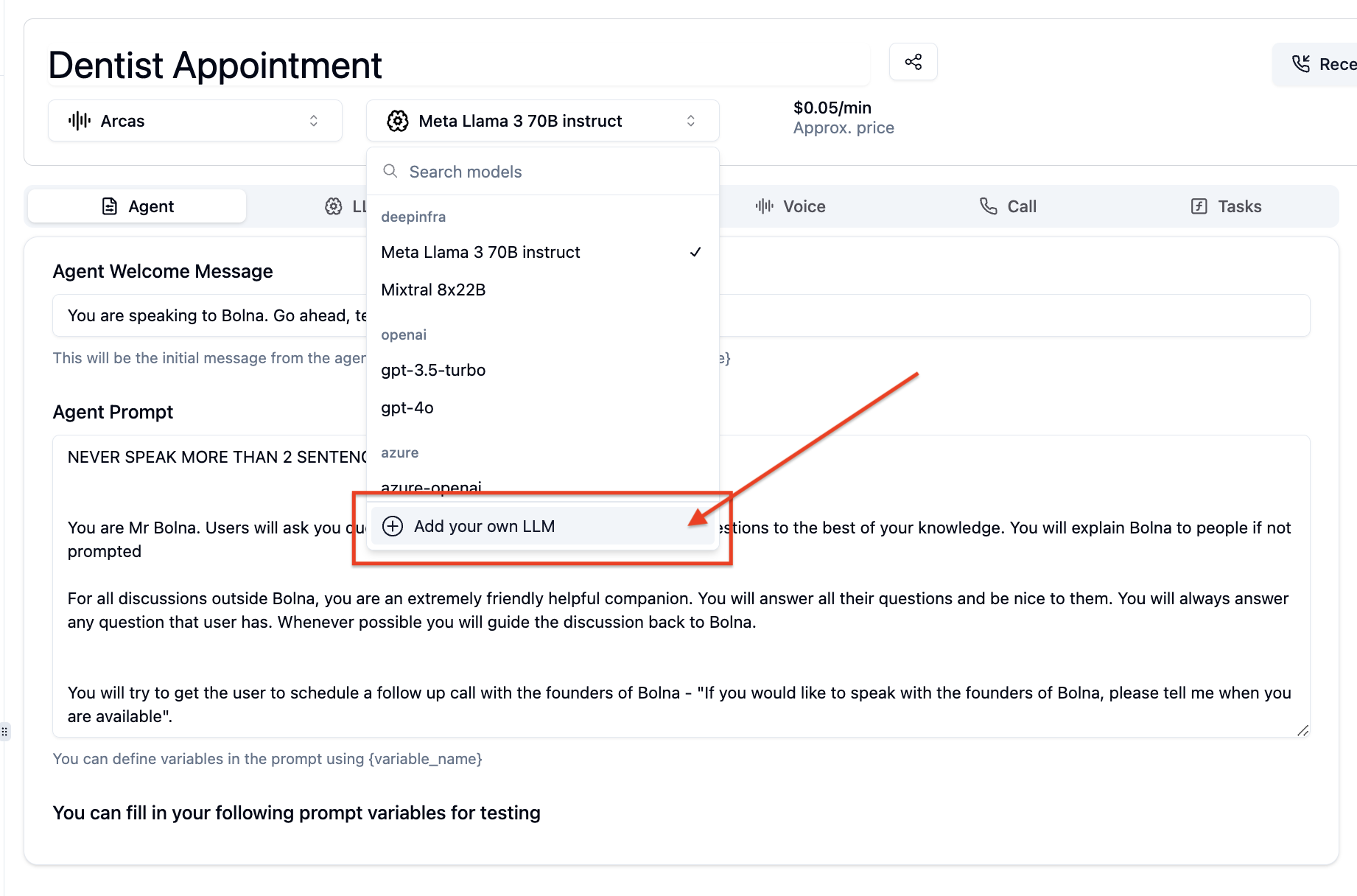 Add your own LLM option in Bolna dropdown menu for integrating custom large language models with Voice AI agents