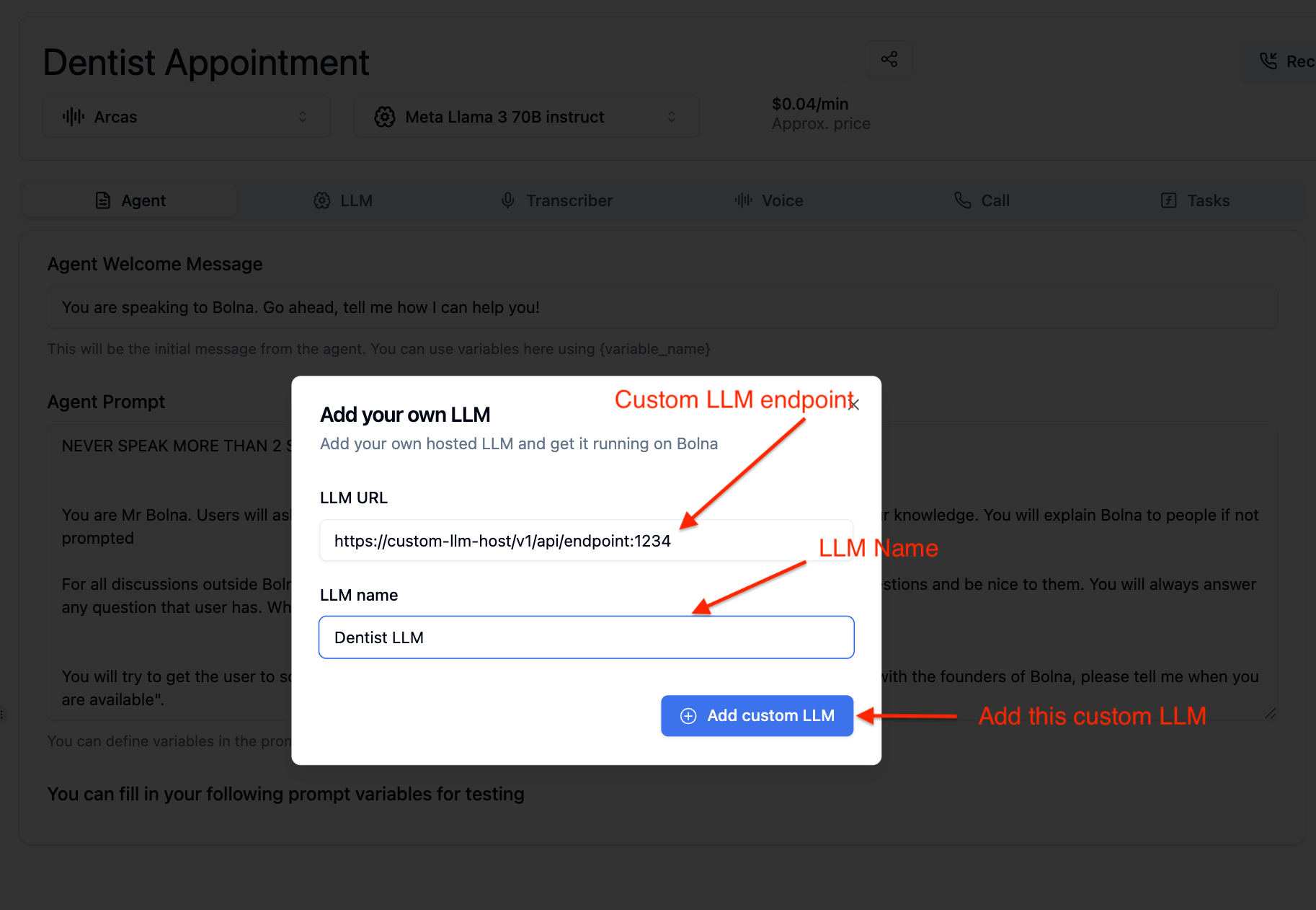 Custom LLM configuration dialog in Bolna showing URL and name input fields for integrating your custom large language models