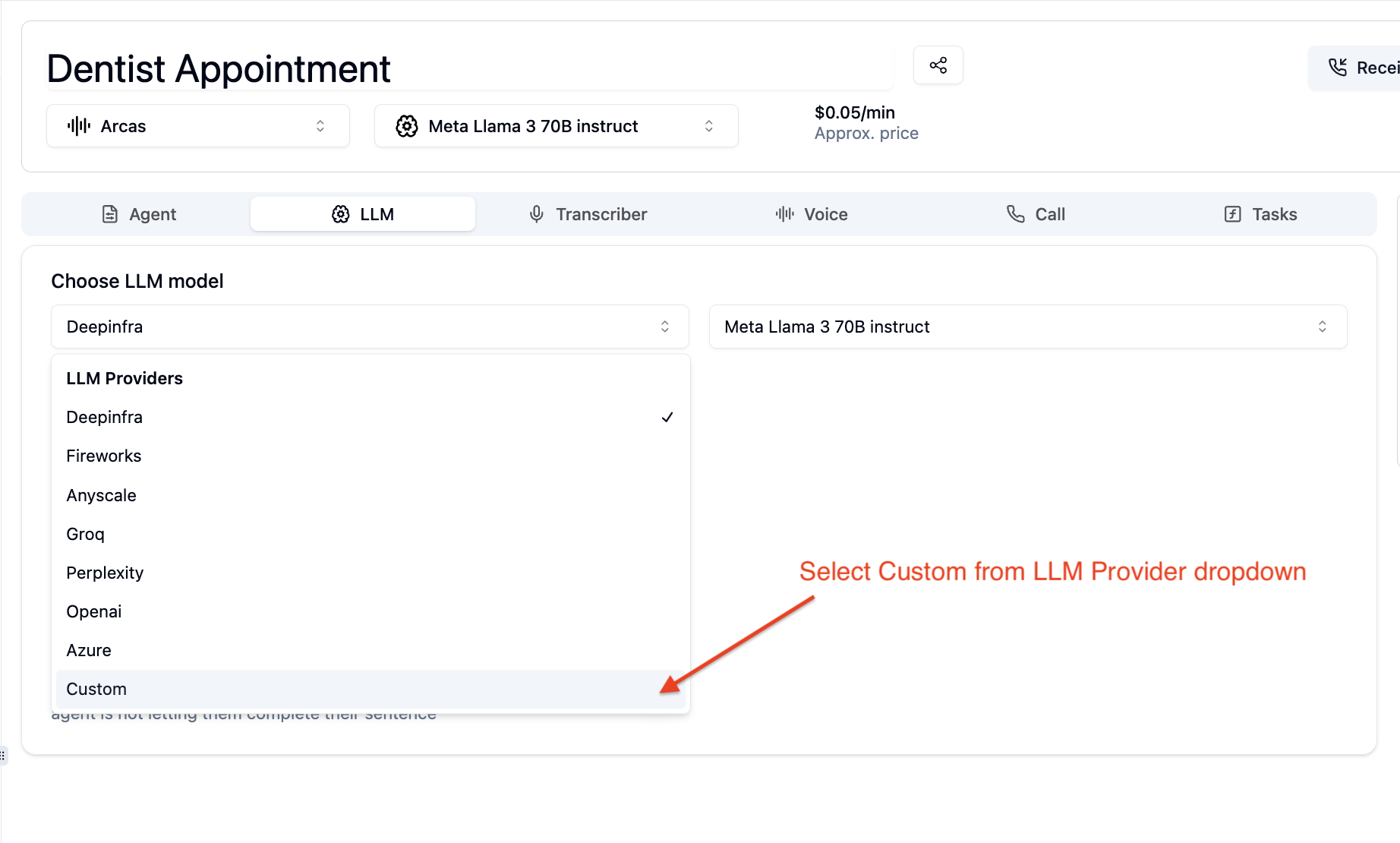 Custom LLM provider selection in Bolna Voice AI settings showing integrated custom language model options