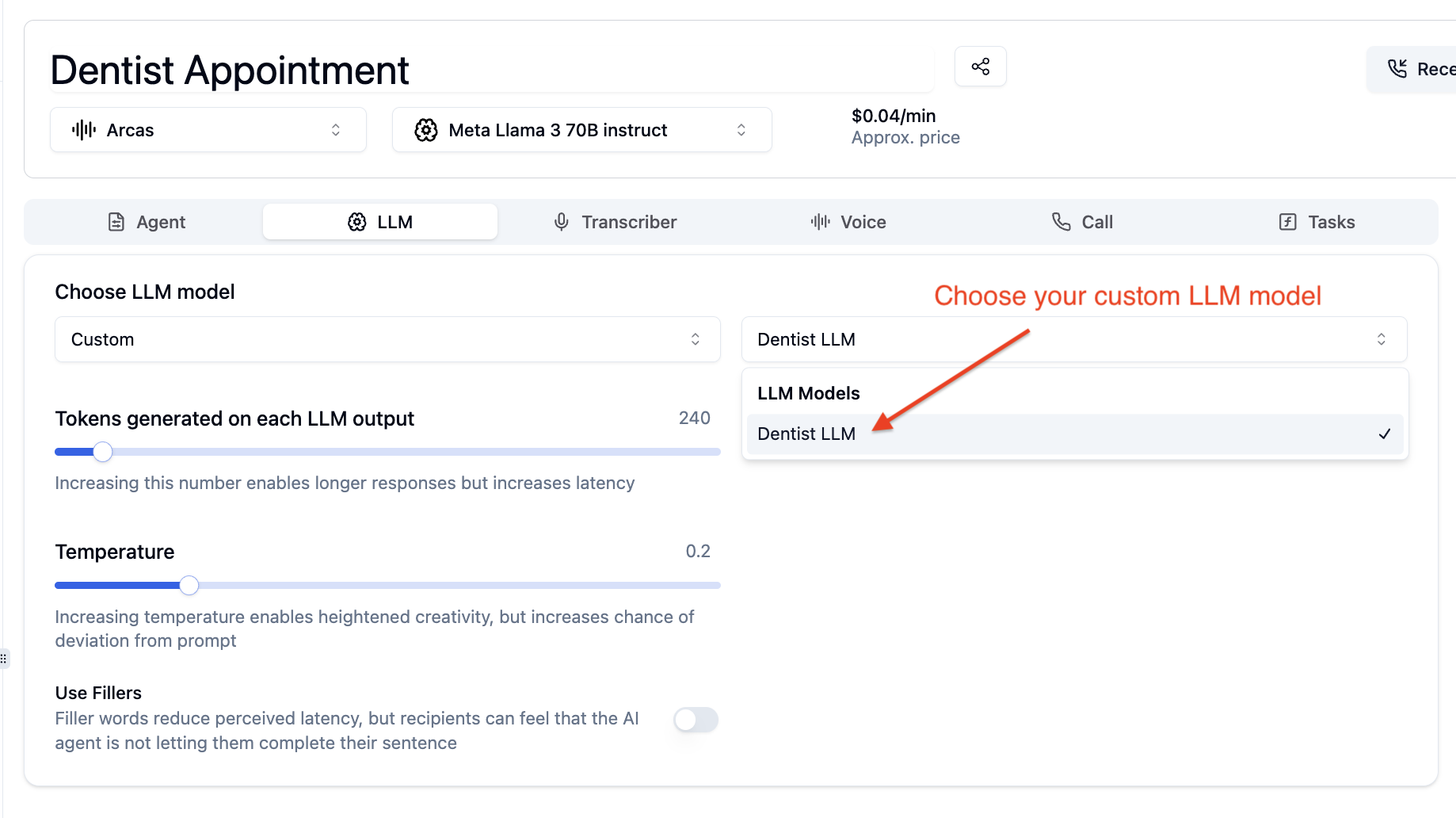 Custom LLM model selection interface in Bolna showing available custom LLM models for Voice AI agent configuration