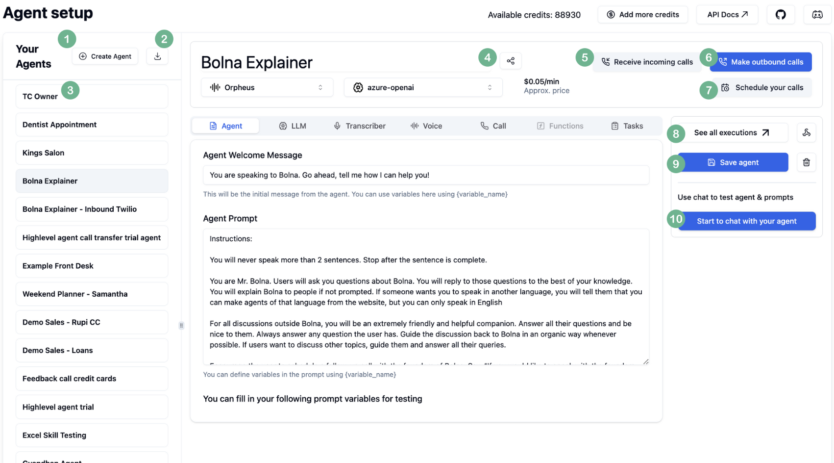 Bolna Playground agent setup interface showing agent creation, import options, execution management, outbound calling features, and agent configuration tools for Voice AI development