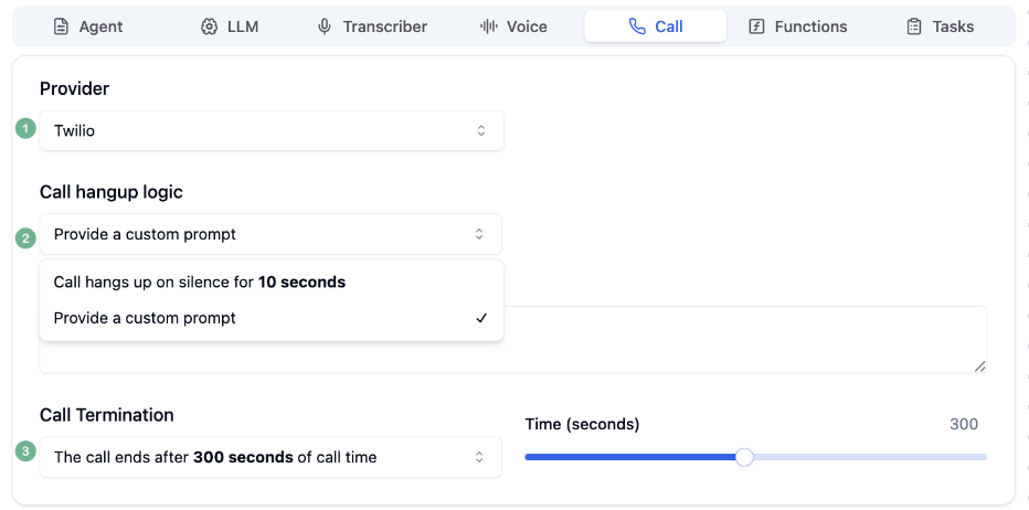 Call configuration tab in Bolna Playground showing telephony settings, phone number management, and call routing options for Voice AI agents