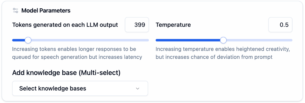 Model Parameters section showing Tokens and Temperature sliders with Knowledge Base dropdown