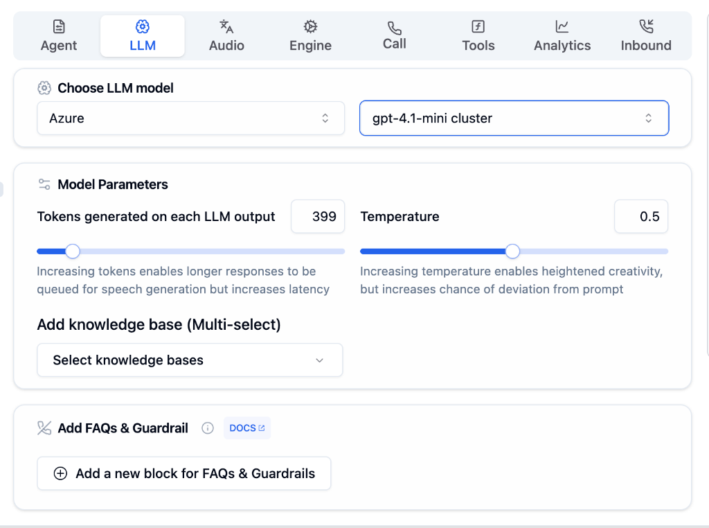 LLM Tab showing model selection, parameters, and knowledge base options