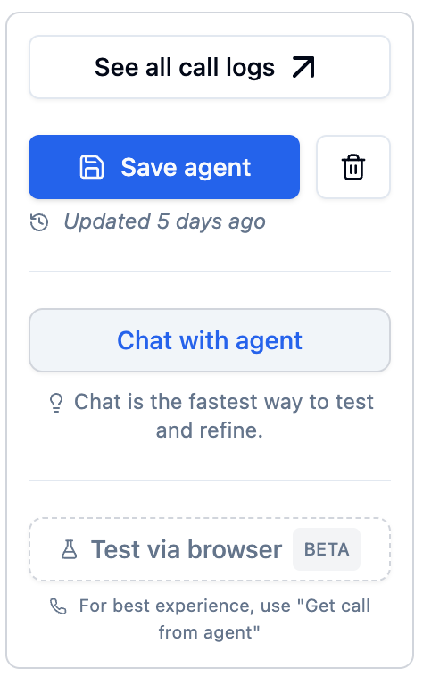 Action panel showing See all call logs, Save agent button, Chat with agent, and Test via browser options