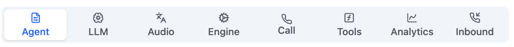 Eight configuration tabs: Agent, LLM, Audio, Engine, Call, Tools, Analytics, Inbound