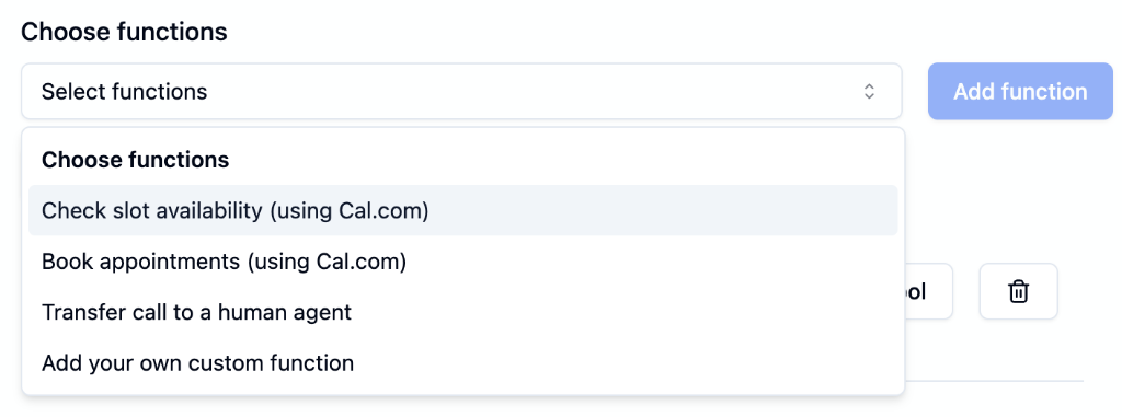 Choose functions dropdown showing Cal.com slot availability, appointment booking, call transfer, and custom function options