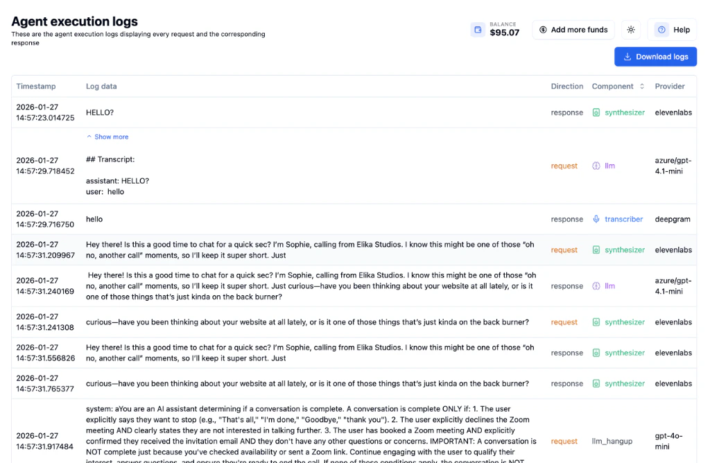 Agent execution logs showing timestamp, log data, direction, component, and provider