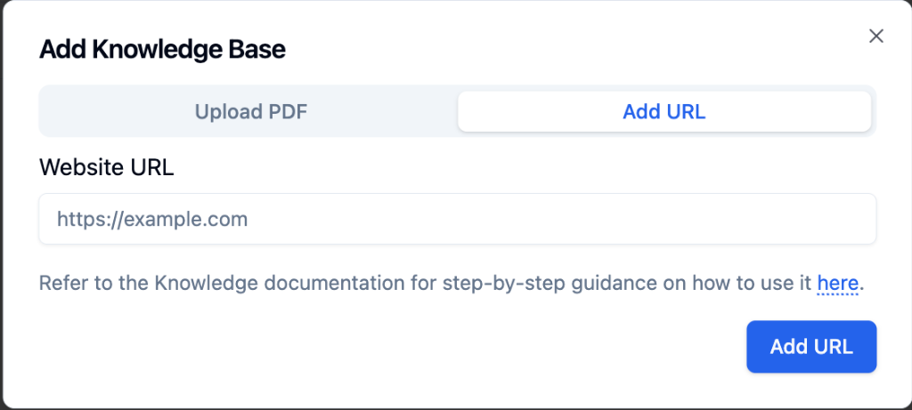 Add Knowledge Base modal with Add URL tab showing website URL input field