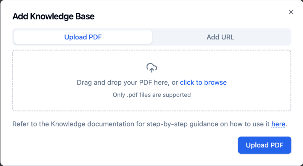 Add Knowledge Base modal with Upload PDF tab showing drag and drop area