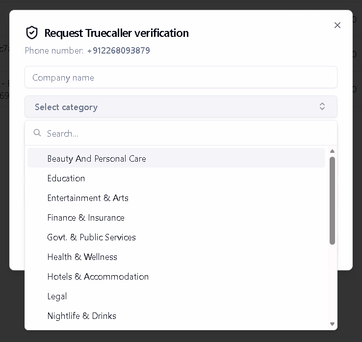 Truecaller verification form showing expanded category dropdown menu with options like Beauty And Personal Care, Education, Entertainment & Arts, Finance & Insurance, and more