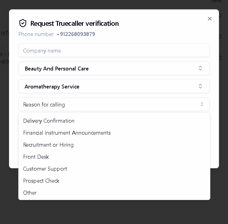Truecaller verification form showing reason for calling options including Delivery Confirmation, Financial Instrument Announcements, Recruitment or Hiring, Customer Support, and Other