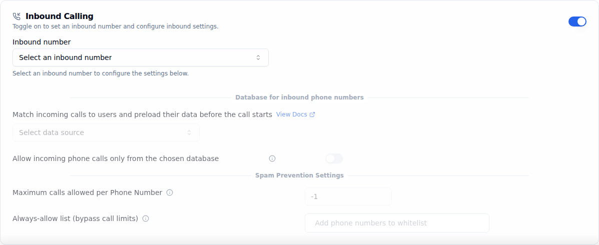 Inbound Calling section toggled on, showing Inbound number selector, Database for inbound phone numbers, and Spam Prevention Settings