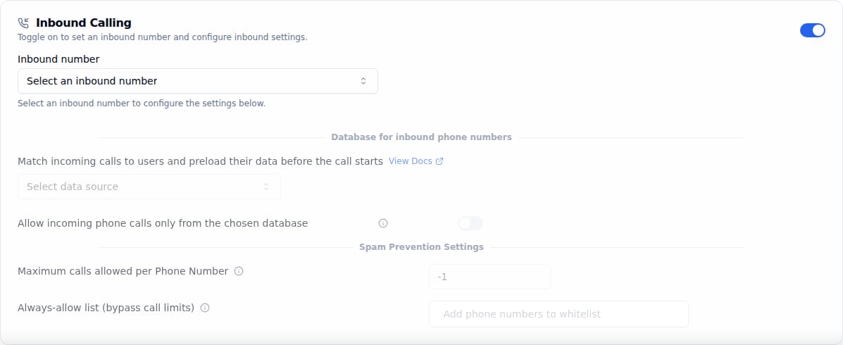 Inbound Calling section toggled on, showing Inbound number selector, Database for inbound phone numbers, and Spam Prevention Settings