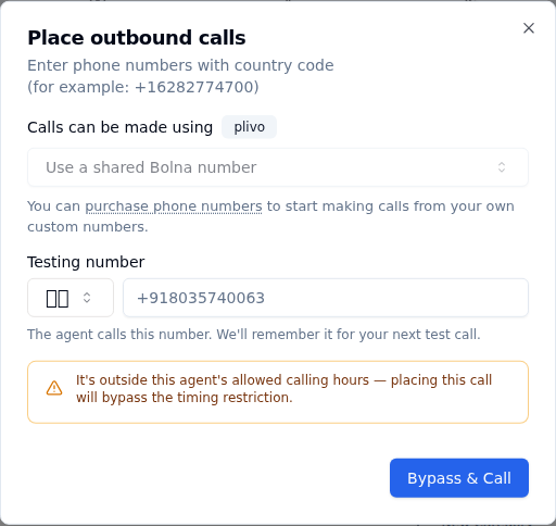 Place outbound calls dialog with the Calls can be made using dropdown set to a shared Bolna number, a Testing number field with country selector, and the call button