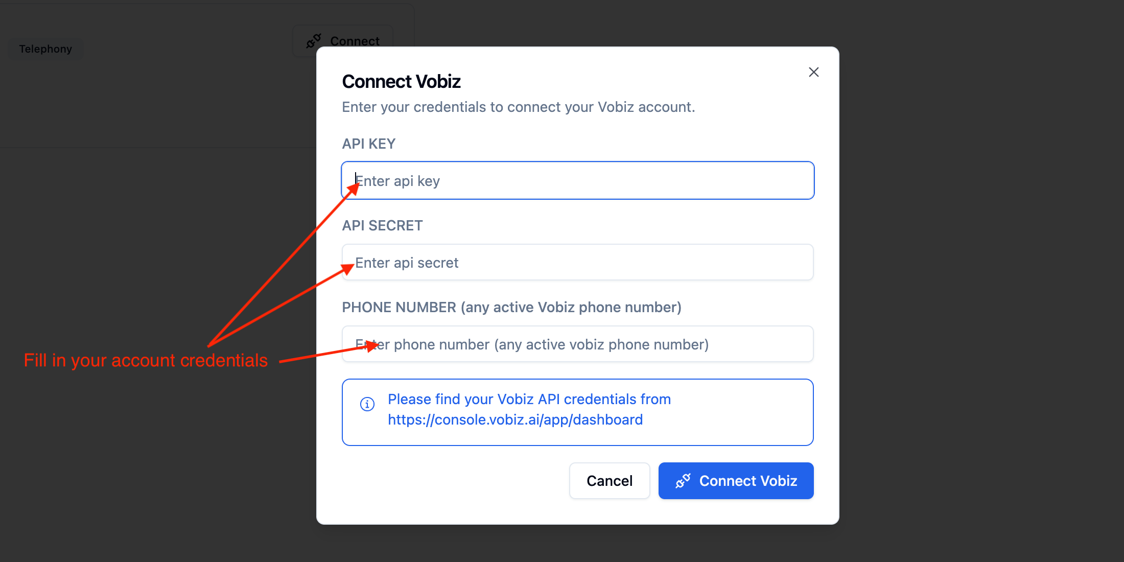 Vobiz account connection form in Bolna showing Auth ID and Auth Token input fields for establishing secure connection