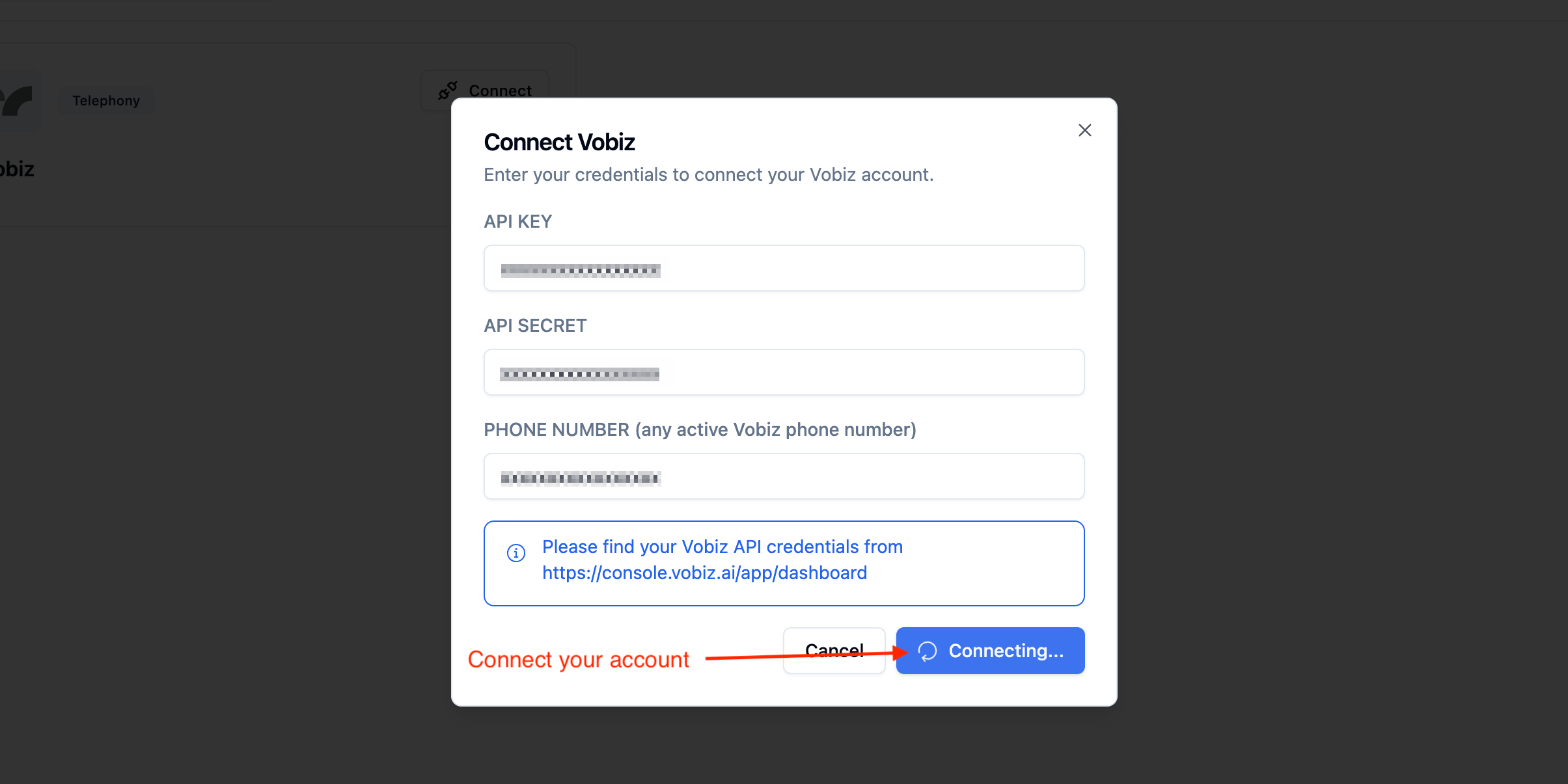 Vobiz account connection confirmation screen in Bolna showing connect button to finalize telephony provider integration