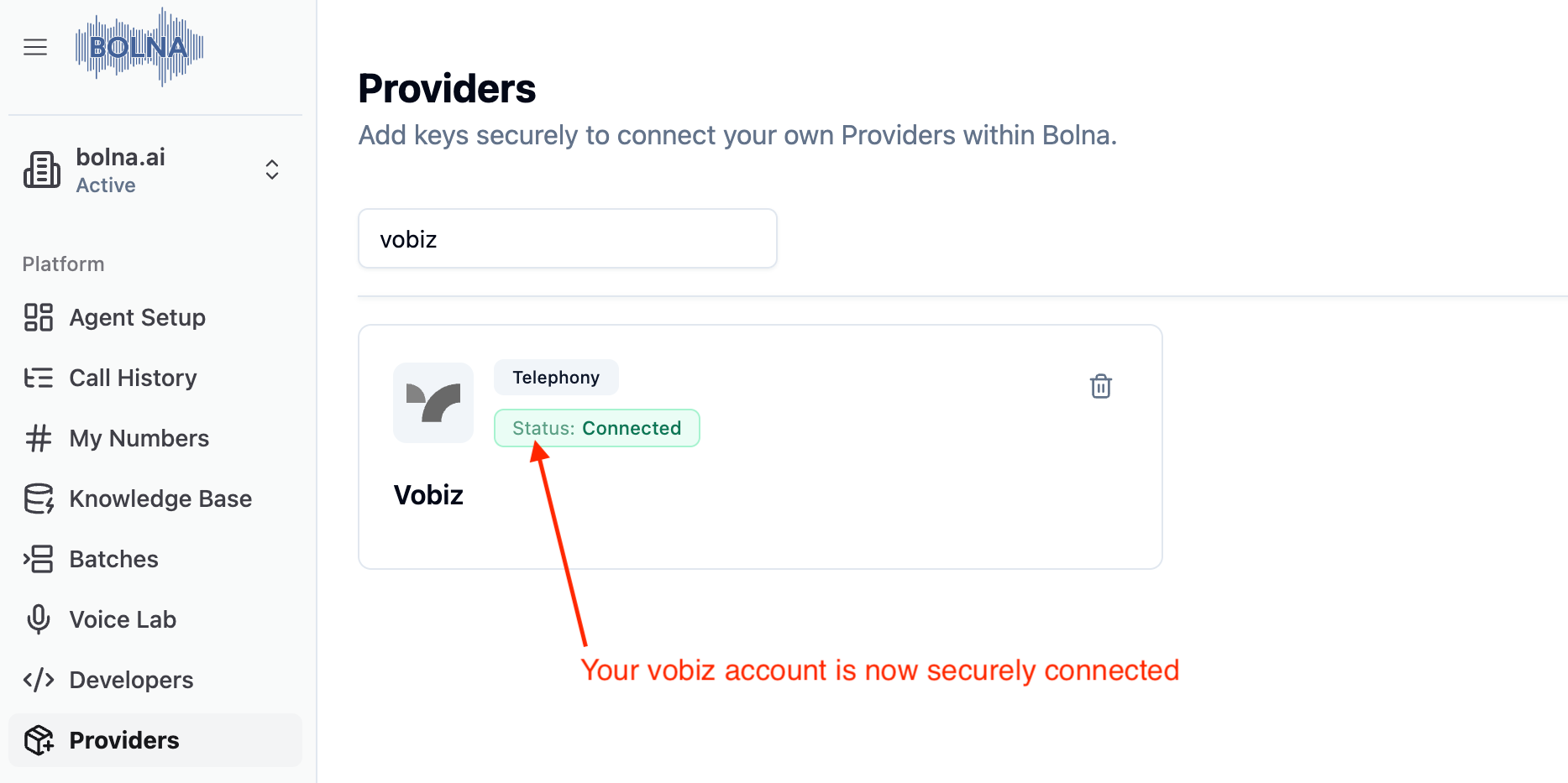 Successful Vobiz account connection status in Bolna platform showing secure integration completion for Voice AI telephony services